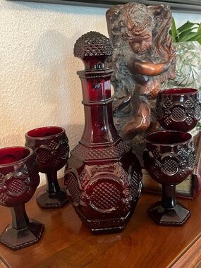Avon 1876 Cape Cod Ruby Red Decanter and 4 Goblets Set